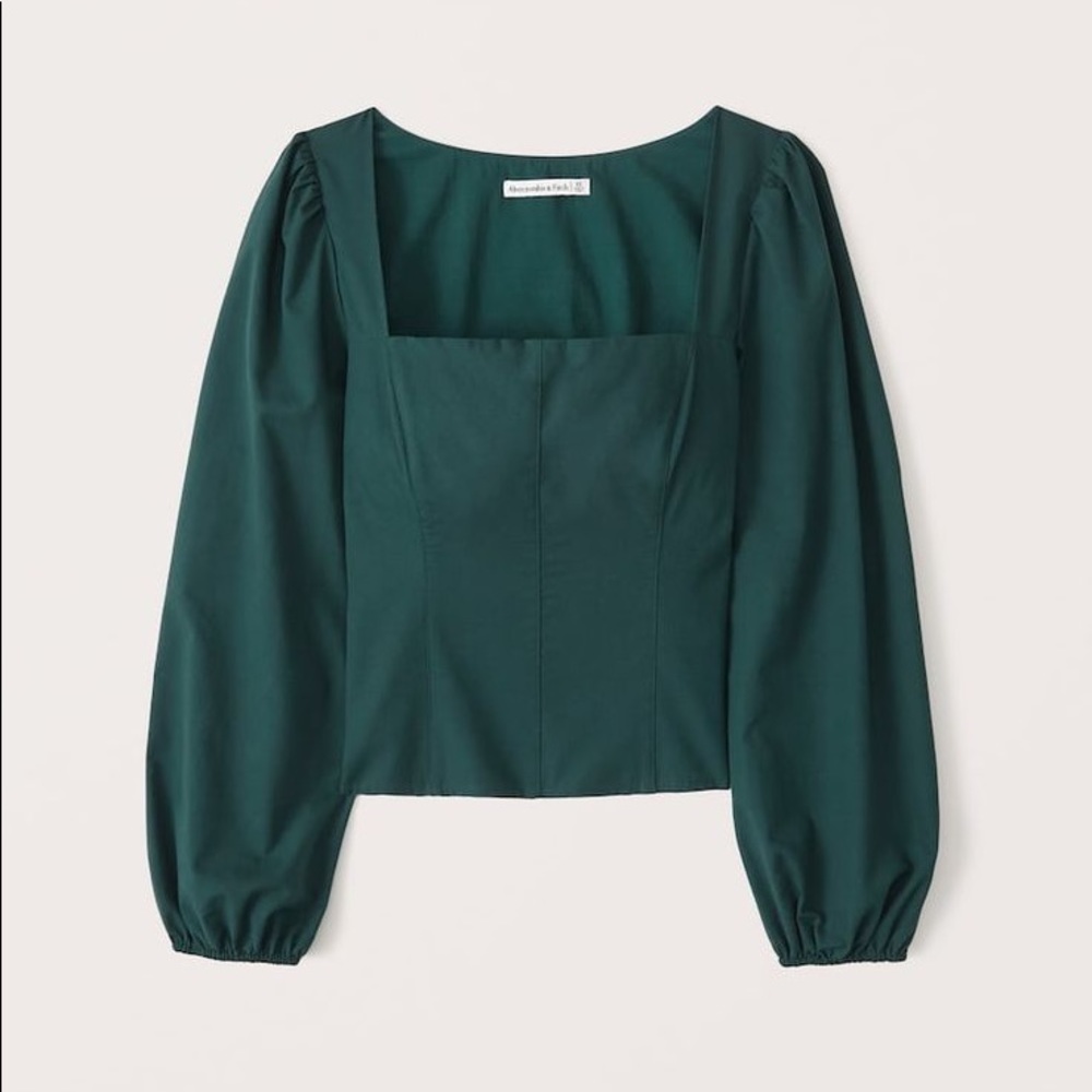 Abercrombie & Fitch Long-Sleeve Poplin Squareneck Corset Top in Teal Green